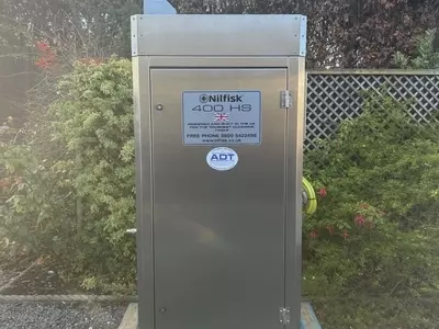 Nilfisk 400HS DTE stainless static pressure washer prepared and tested before delivery to site. Fully built and ready for installation.